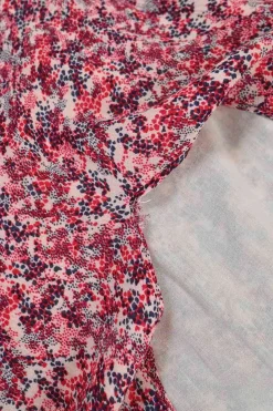 Red viscose ditsy print three-quarter sleeve tiered mini dress