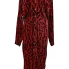 Red viscose-blend abstract print Wilma plunge neck button-front long sleeve dress