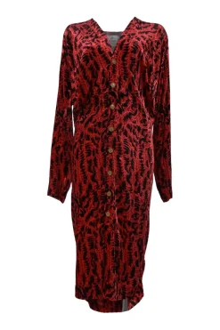 Red viscose-blend abstract print Wilma plunge neck button-front long sleeve dress