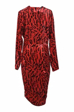 Red viscose-blend abstract print Wilma plunge neck button-front long sleeve dress