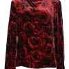 Red viscose-blend rose digi-print velvet funnel collar blouse