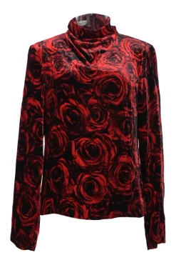 Red viscose-blend rose digi-print velvet funnel collar blouse