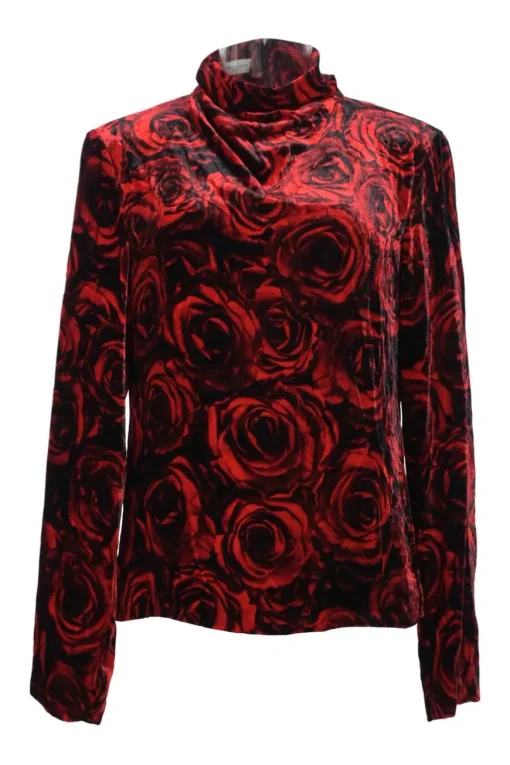 Red viscose-blend rose digi-print velvet funnel collar blouse