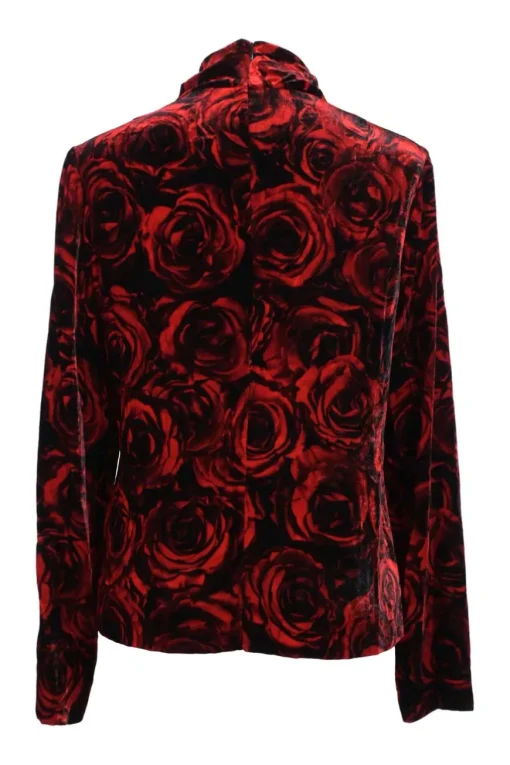 Red viscose-blend rose digi-print velvet funnel collar blouse