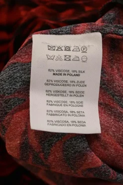 Red viscose-blend rose digi-print velvet funnel collar blouse