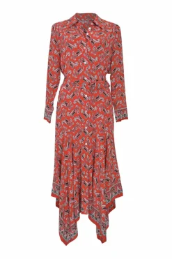Red Willamette Paisley Print Silk Shirt Dress with Belt