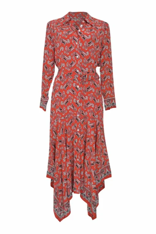 Red Willamette Paisley Print Silk Shirt Dress with Belt