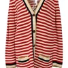 Red-cream striped cotton-blend knit V-neck long cardigan with gold-tone lame trim