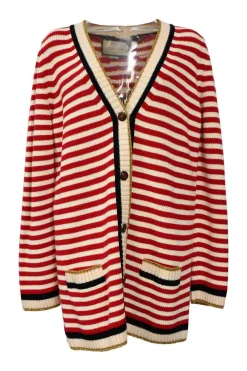 Red-cream striped cotton-blend knit V-neck long cardigan with gold-tone lame trim
