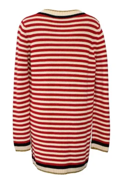Red-cream striped cotton-blend knit V-neck long cardigan with gold-tone lame trim