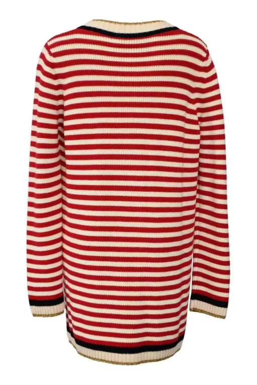 Red-cream striped cotton-blend knit V-neck long cardigan with gold-tone lame trim