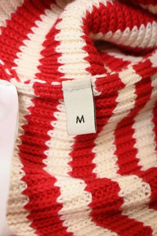 Red-cream striped cotton-blend knit V-neck long cardigan with gold-tone lame trim