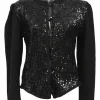 Rive Gauche black sequin-embellished jersey knit single breasted collarless cardigan with button-loop fastening