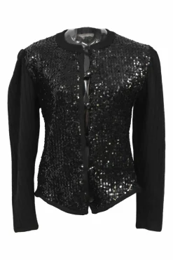 Rive Gauche black sequin-embellished jersey knit single breasted collarless cardigan with button-loop fastening
