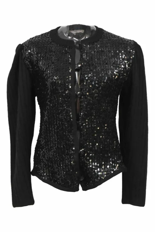 Rive Gauche black sequin-embellished jersey knit single breasted collarless cardigan with button-loop fastening