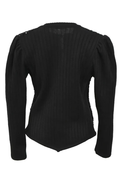 Rive Gauche black sequin-embellished jersey knit single breasted collarless cardigan with button-loop fastening