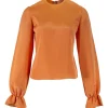 Roksanda round neck long sleeve tangerine top in silk with elasticad cuffs