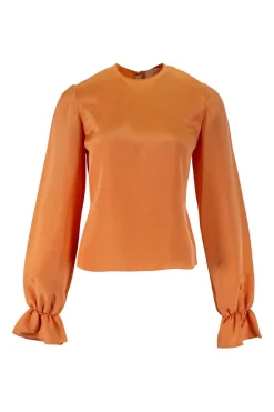 Roksanda round neck long sleeve tangerine top in silk with elasticad cuffs