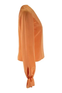 Roksanda round neck long sleeve tangerine top in silk with elasticad cuffs