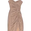 Rose gold metallic polyester-blend ruched bustier sheath dress with adjustable spaghetti straps