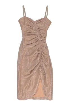 Rose gold metallic polyester-blend ruched bustier sheath dress with adjustable spaghetti straps