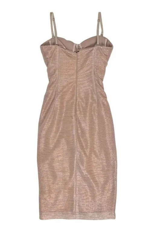 Rose gold metallic polyester-blend ruched bustier sheath dress with adjustable spaghetti straps
