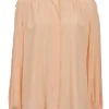 Sahara Pink silk georgette band collar blouse featuring lace detailing along sleeves