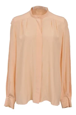 Sahara Pink silk georgette band collar blouse featuring lace detailing along sleeves