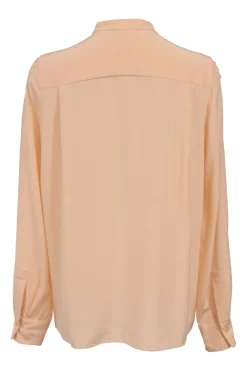 Sahara Pink silk georgette band collar blouse featuring lace detailing along sleeves