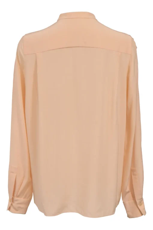 Sahara Pink silk georgette band collar blouse featuring lace detailing along sleeves