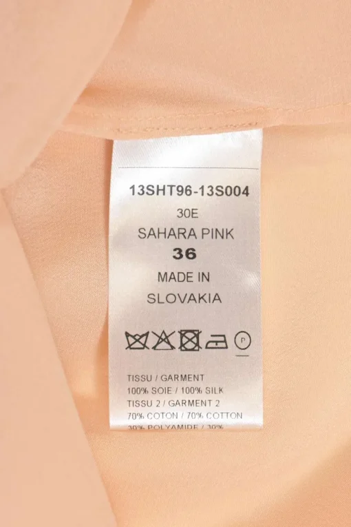 Sahara Pink silk georgette band collar blouse featuring lace detailing along sleeves