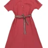 Salmon pink linen dolman sleeve button-front belted shirt dress with classic collar