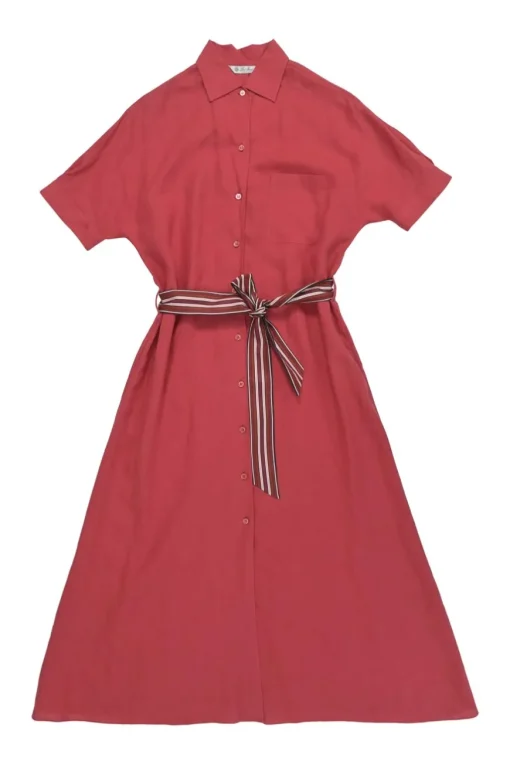 Salmon pink linen dolman sleeve button-front belted shirt dress with classic collar