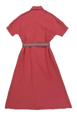 Salmon pink linen dolman sleeve button-front belted shirt dress with classic collar
