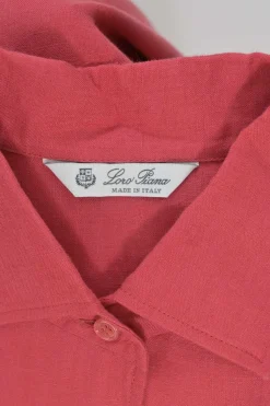 Salmon pink linen dolman sleeve button-front belted shirt dress with classic collar