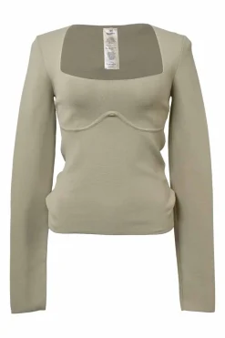 Sand viscose-blend double knit bustier long sleeve top