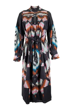Sea, New York long sleeve, button down cotton dress with frill collar, diamond pleating and drawstring at waist