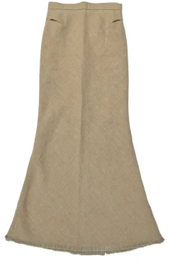 Sfilata colonial beige linen basketweave pull-on godet maxi mermaid skirt with fringe hem