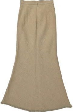 Sfilata colonial beige linen basketweave pull-on godet maxi mermaid skirt with fringe hem