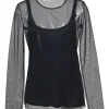 Sfilata navy semi-sheer mesh long sleeve peek-a-boo top with built-in camisole