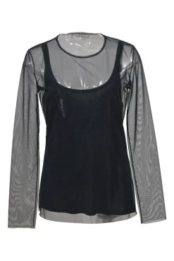 Sfilata navy semi-sheer mesh long sleeve peek-a-boo top with built-in camisole