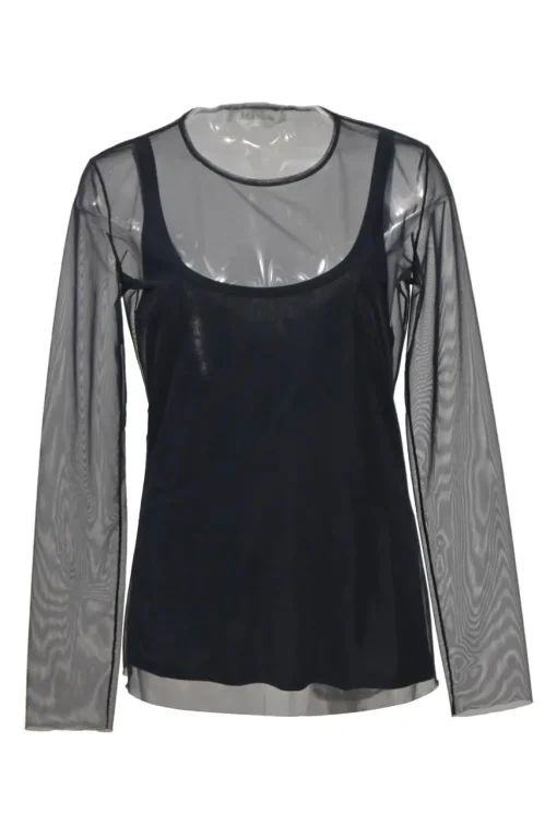 Sfilata navy semi-sheer mesh long sleeve peek-a-boo top with built-in camisole