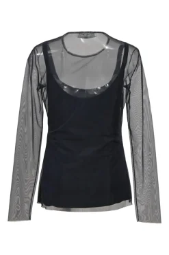 Sfilata navy semi-sheer mesh long sleeve peek-a-boo top with built-in camisole