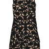 Shine black and blush layered viscose satin and guipure lace sleeveless sheath dress