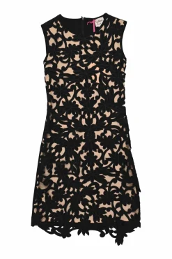 Shine black and blush layered viscose satin and guipure lace sleeveless sheath dress