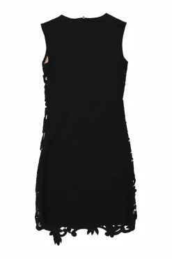 Shine black and blush layered viscose satin and guipure lace sleeveless sheath dress