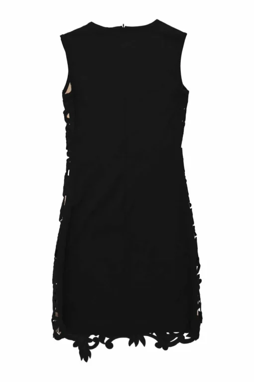 Shine black and blush layered viscose satin and guipure lace sleeveless sheath dress