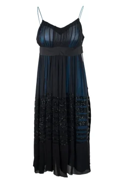 Silk black with blue inner strap knee-length dress adorned with shimmery beads