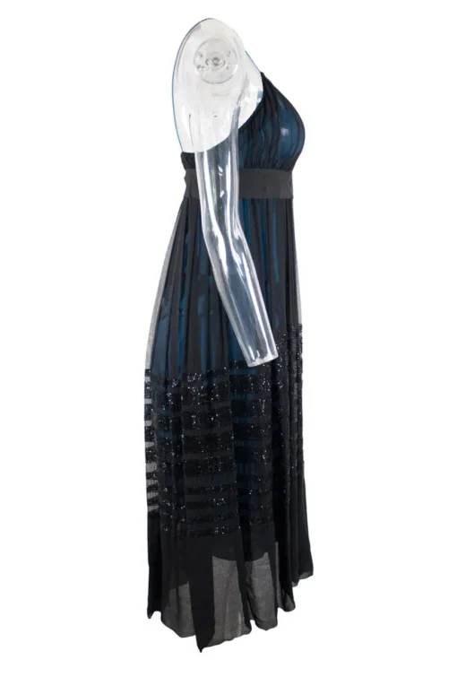 Silk black with blue inner strap knee-length dress adorned with shimmery beads