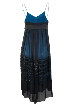 Silk black with blue inner strap knee-length dress adorned with shimmery beads